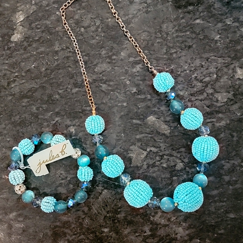 Julia B Fashion Beads Multi Blue Translucent Gold Chain Necklace and bracelet
